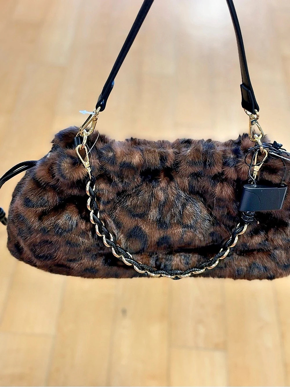 Faux Fur Leopard Print Hobo Bag with Chain Strap